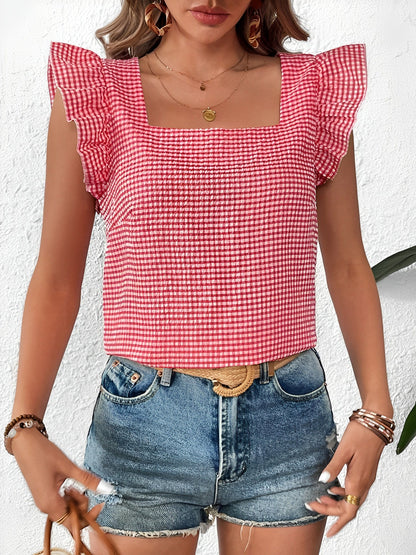 Gingham Square Neck Ruffled Cap Sleeves Blouse