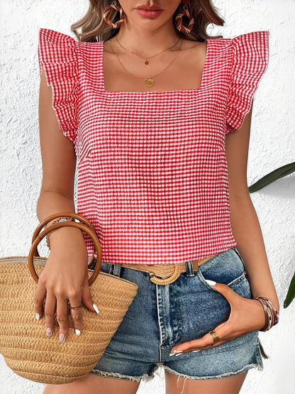 Gingham Square Neck Ruffled Cap Sleeves Blouse
