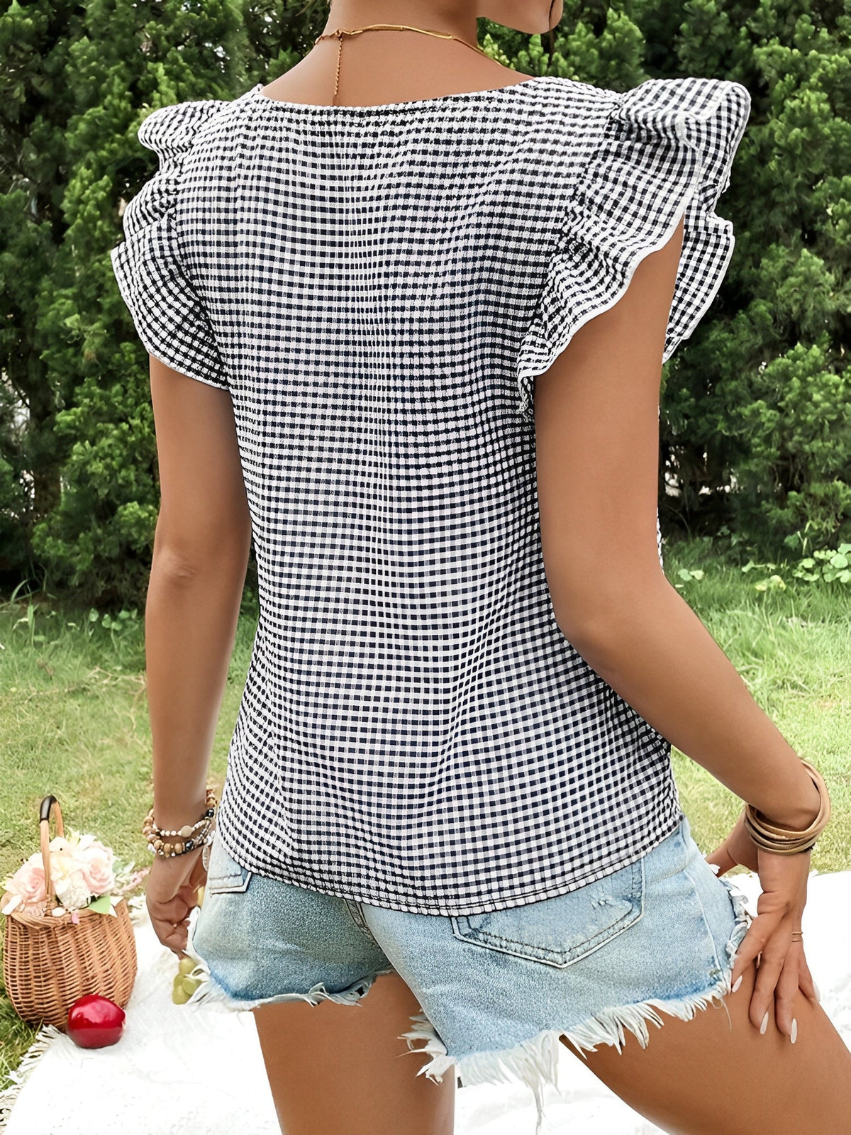 Gingham Square Neck Ruffled Cap Sleeves Blouse