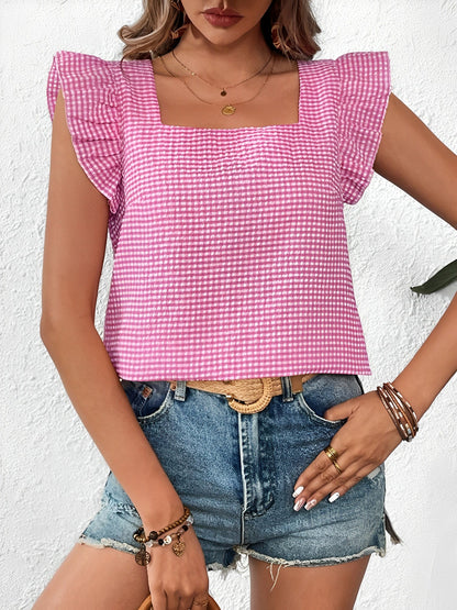 Gingham Square Neck Ruffled Cap Sleeves Blouse