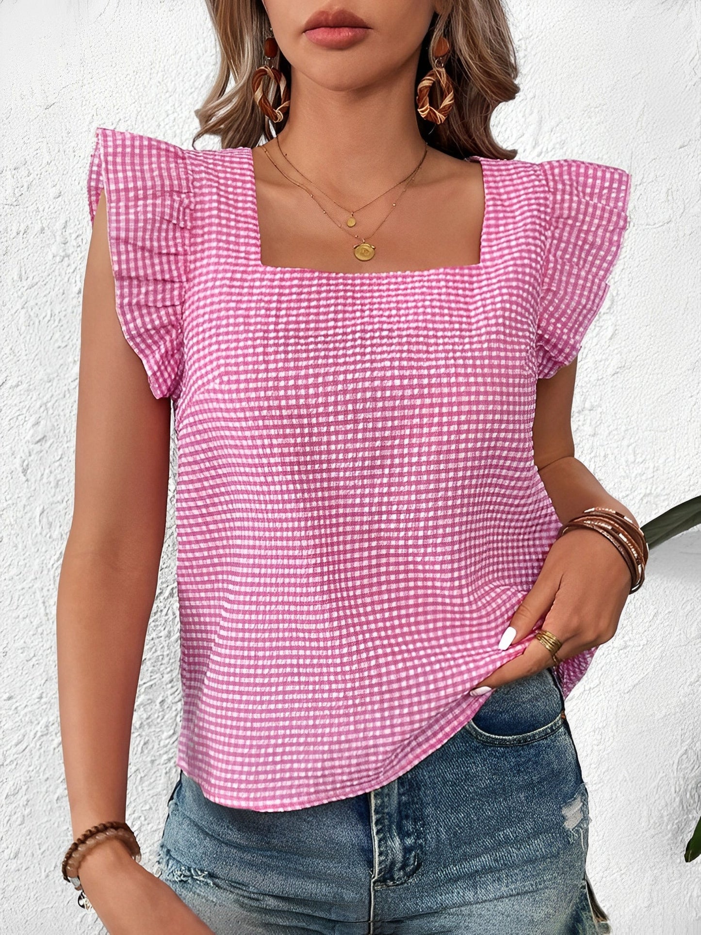 Gingham Square Neck Ruffled Cap Sleeves Blouse