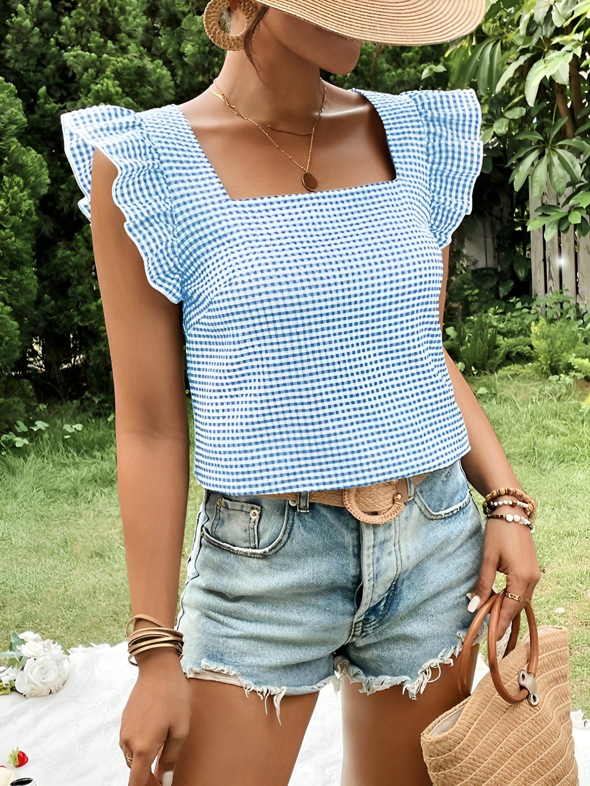 Gingham Square Neck Ruffled Cap Sleeves Blouse