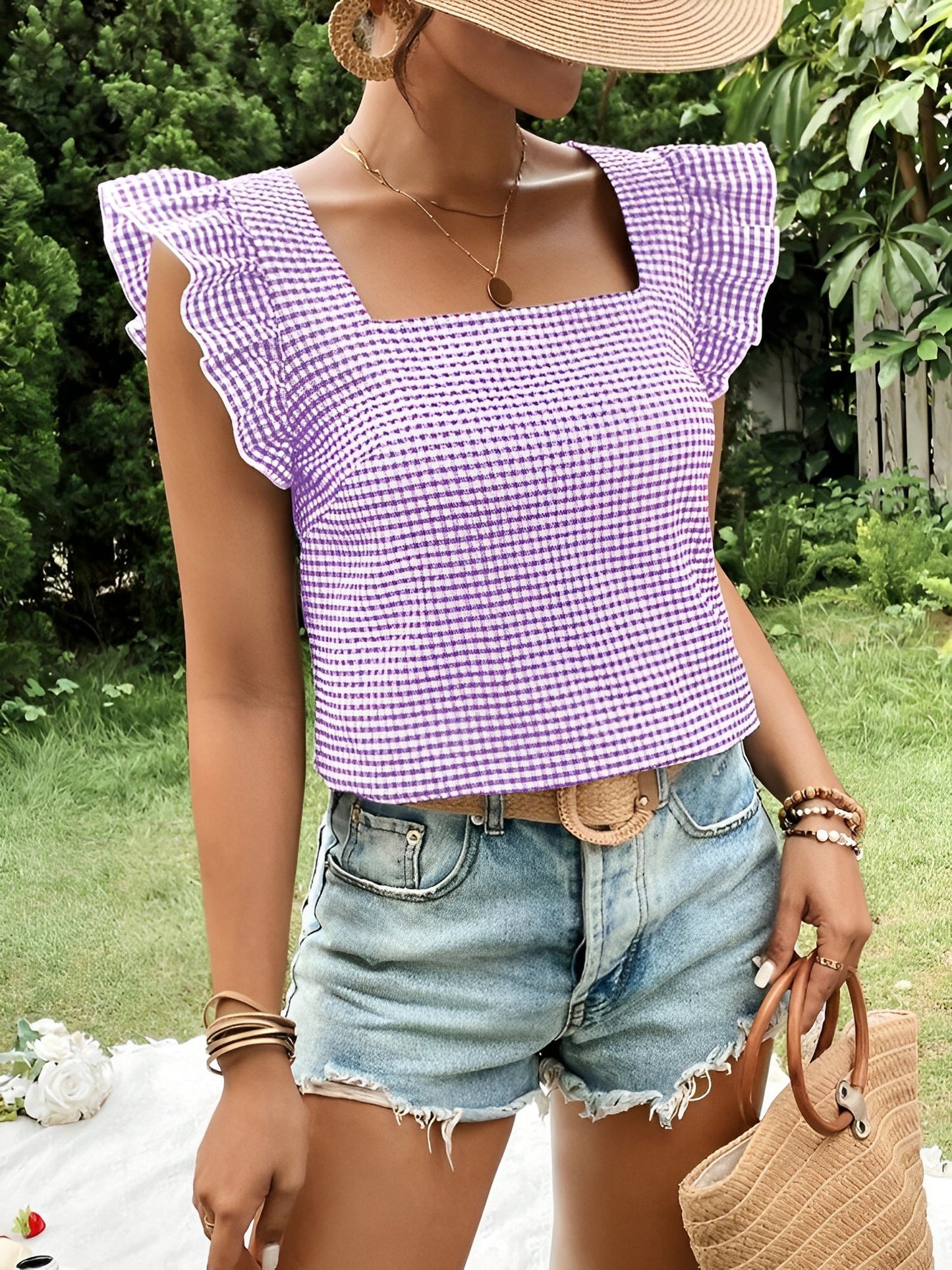 Gingham Square Neck Ruffled Cap Sleeves Blouse