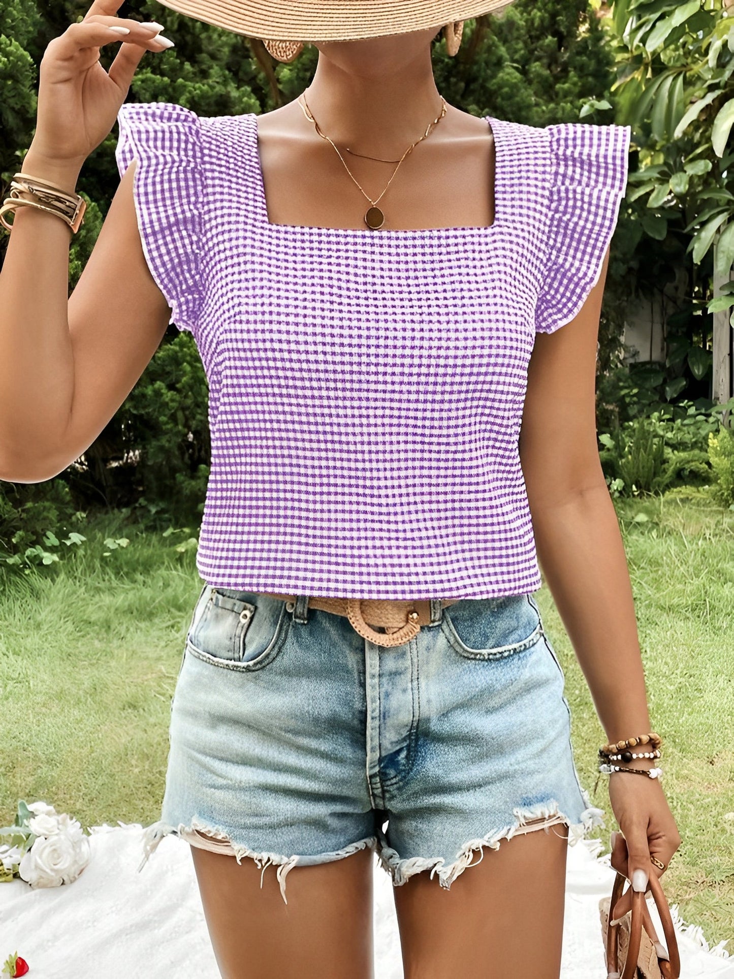 Gingham Square Neck Ruffled Cap Sleeves Blouse