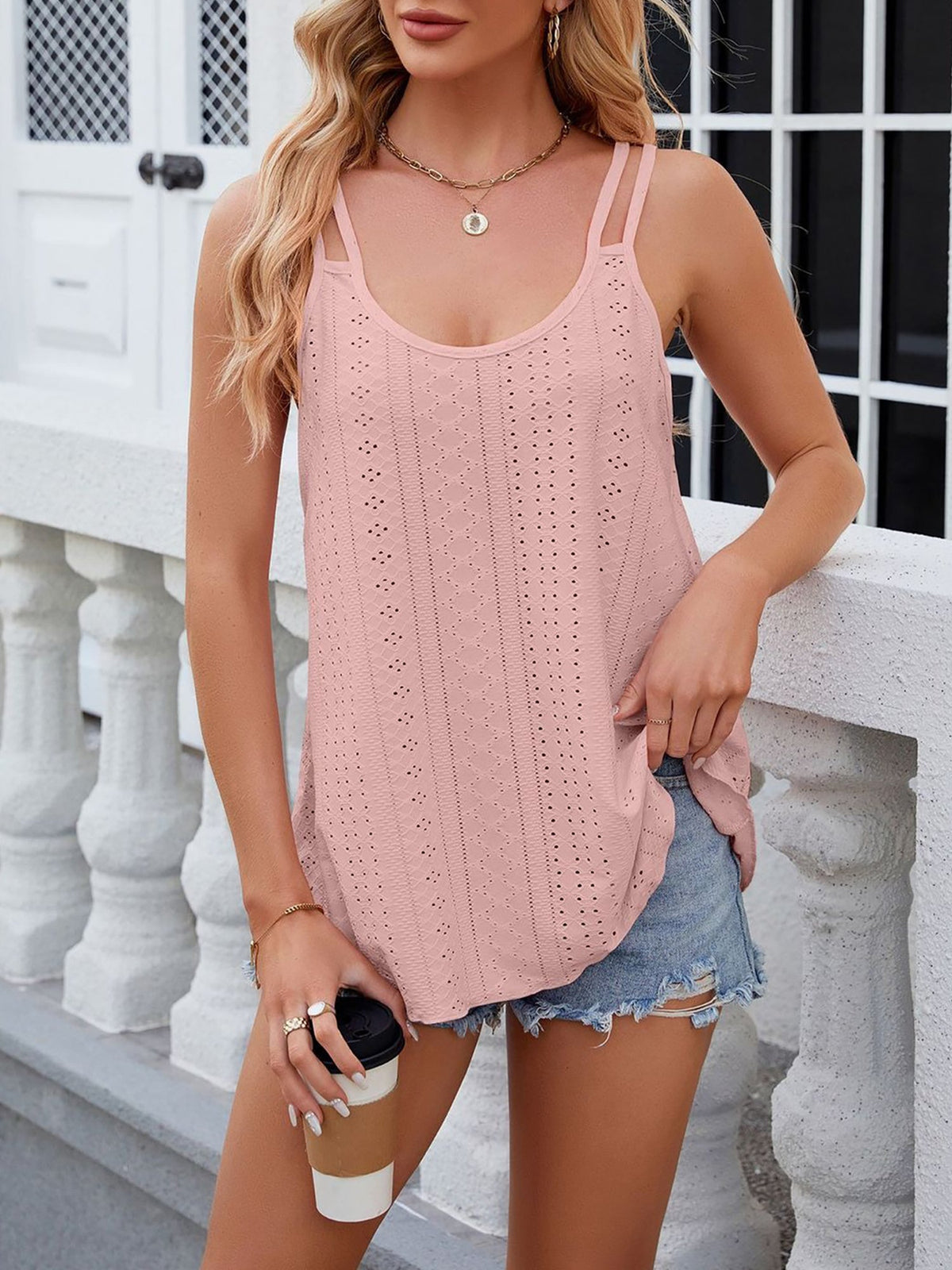 Solid Color U Neck Sleeveless Eyelet Casual Top