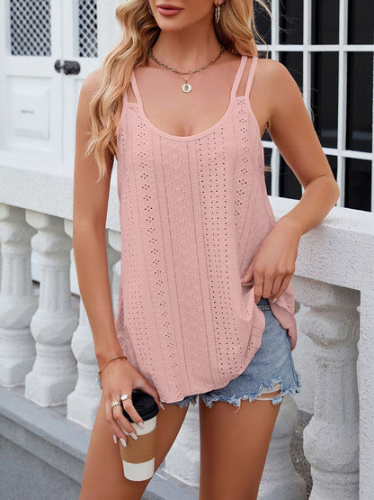 Solid Color U Neck Sleeveless Eyelet Casual Top