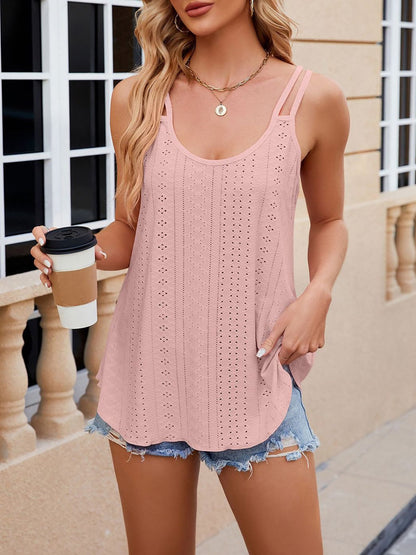 Solid Color U Neck Sleeveless Eyelet Casual Top