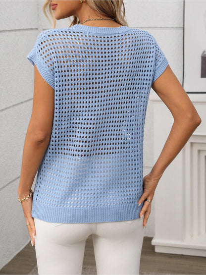 Round Neck Short Sleeves Sheer Knitted Blouse