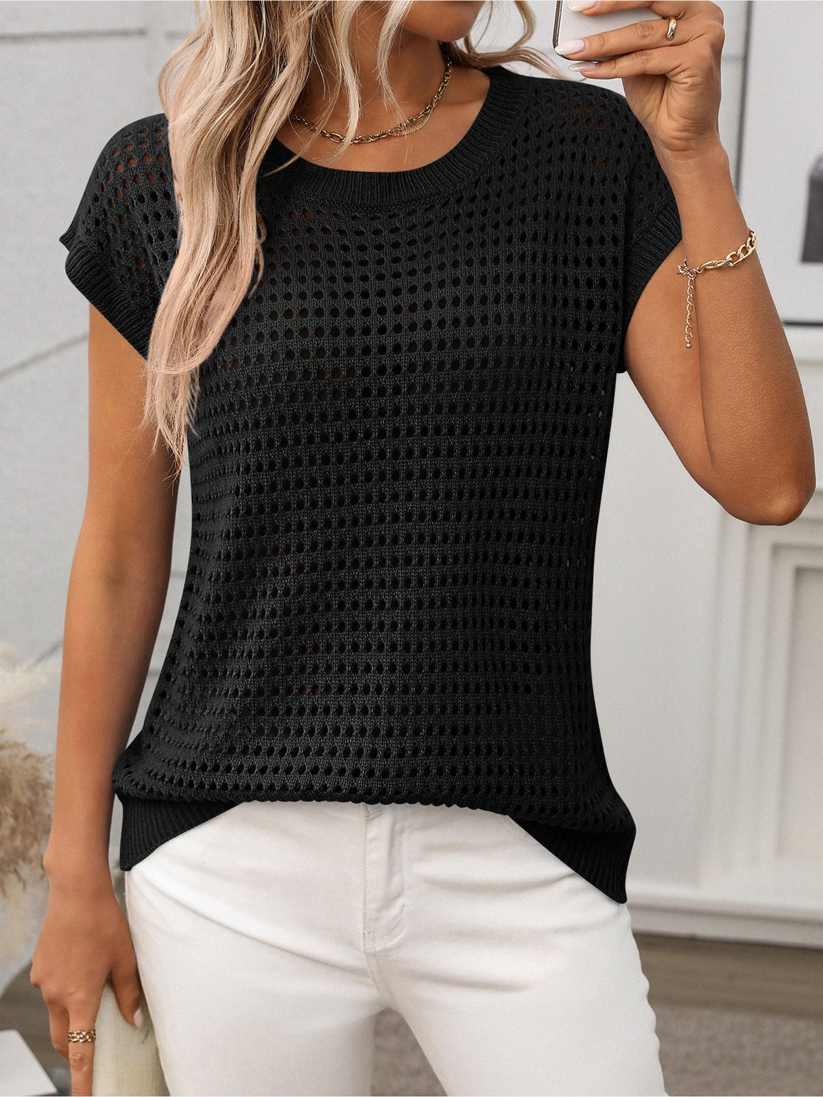 Round Neck Short Sleeves Sheer Knitted Blouse