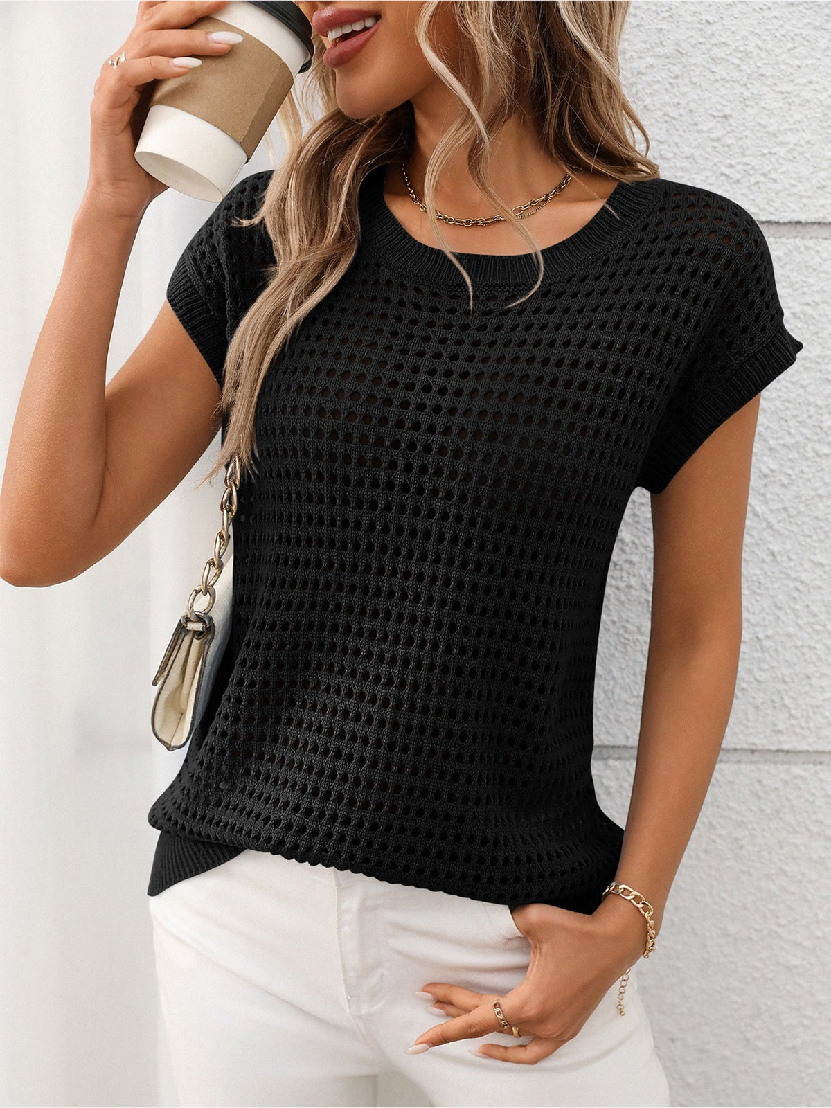 Round Neck Short Sleeves Sheer Knitted Blouse