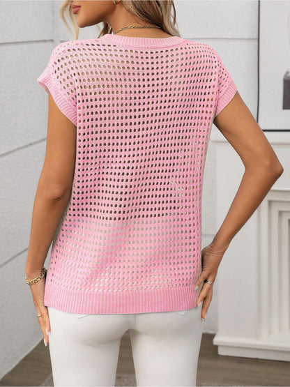 Round Neck Short Sleeves Sheer Knitted Blouse