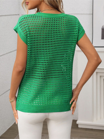 Round Neck Short Sleeves Sheer Knitted Blouse