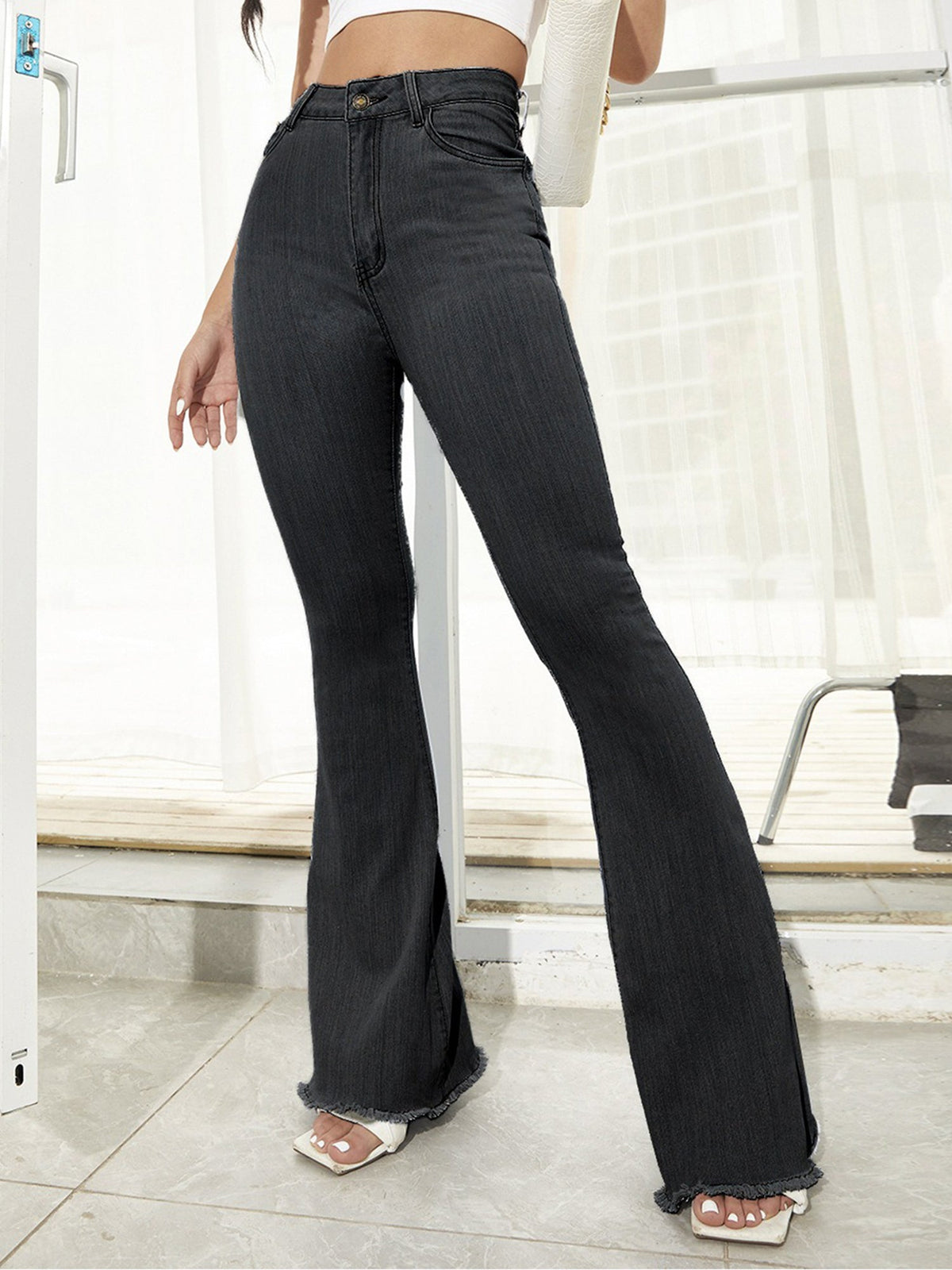 High Waist Denim Pocketed Bell Bottom Jeans