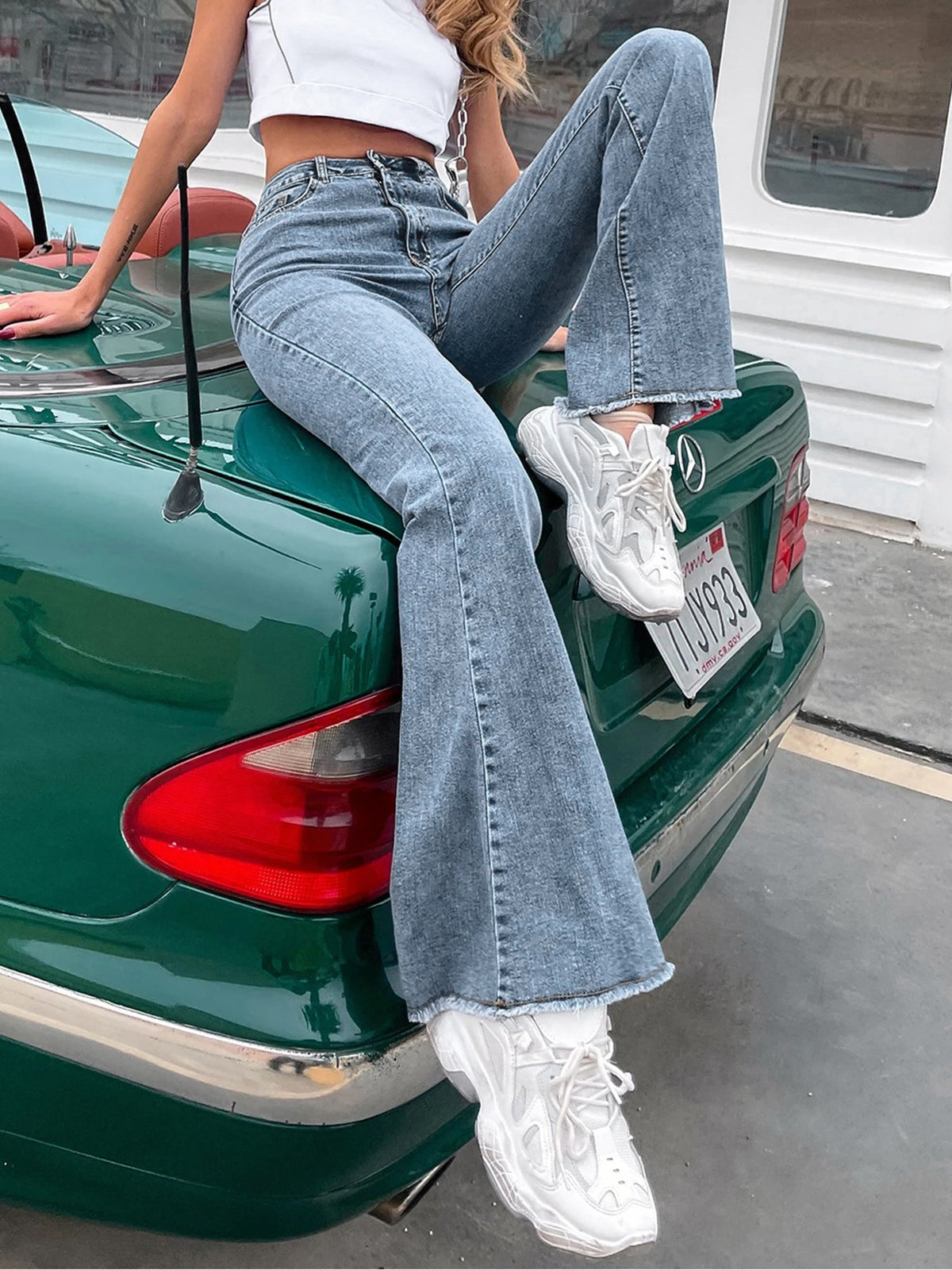 High Waist Denim Pocketed Bell Bottom Jeans
