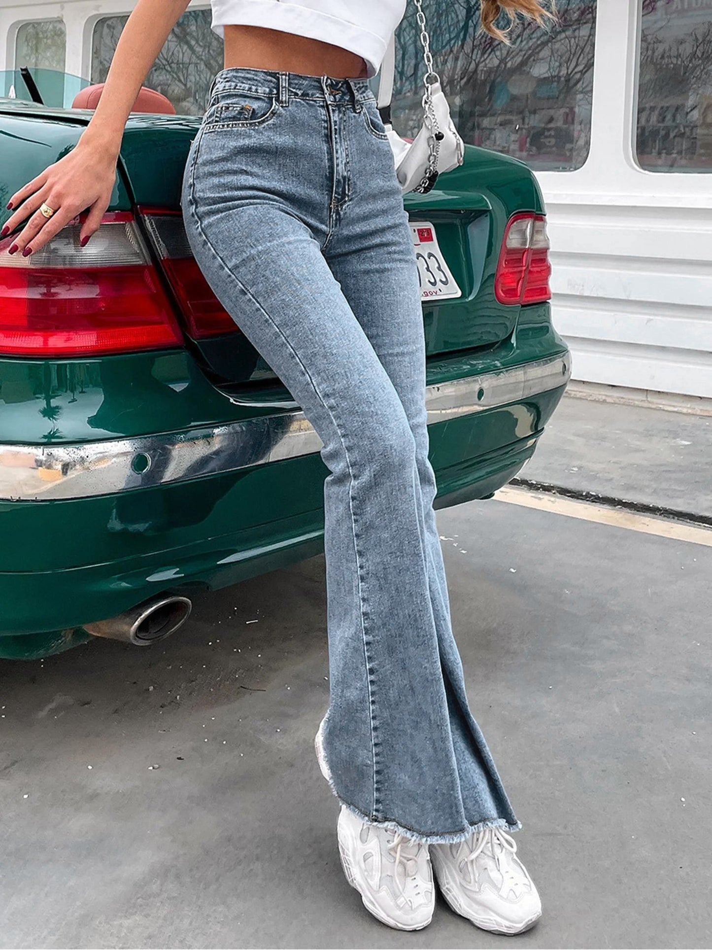 High Waist Denim Pocketed Bell Bottom Jeans