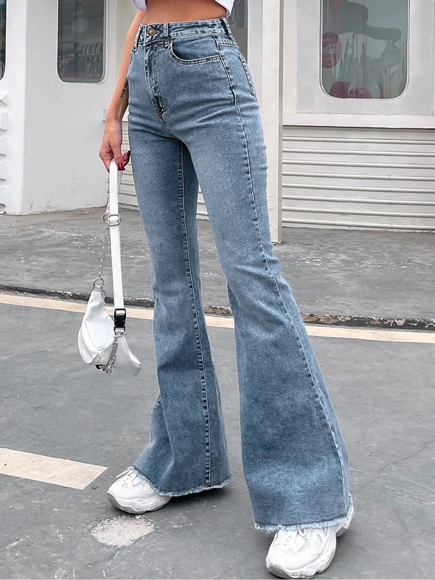 High Waist Denim Pocketed Bell Bottom Jeans