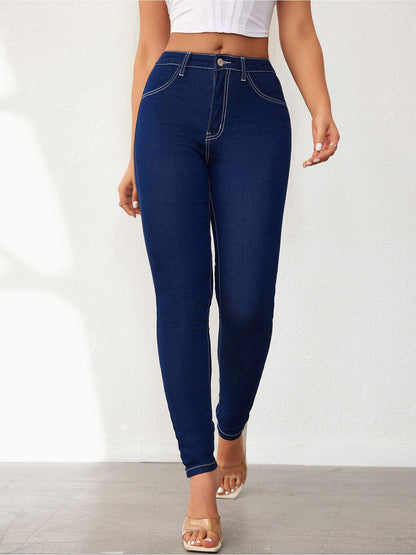 High Waist Solid Color Denim Slim Fit Skinny Jeans