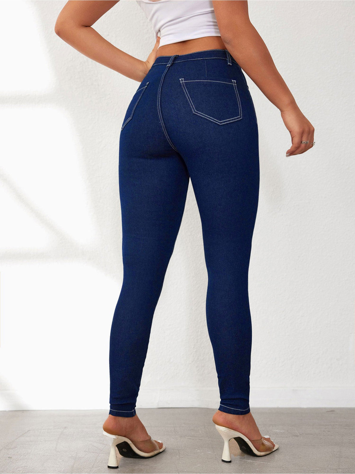 High Waist Solid Color Denim Slim Fit Skinny Jeans