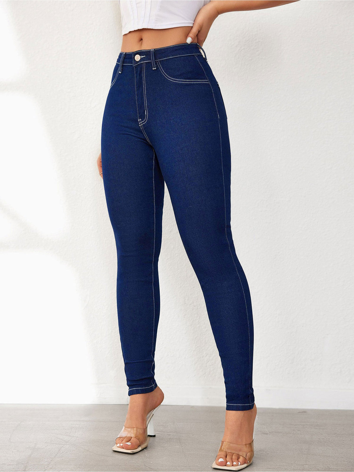 High Waist Solid Color Denim Slim Fit Skinny Jeans