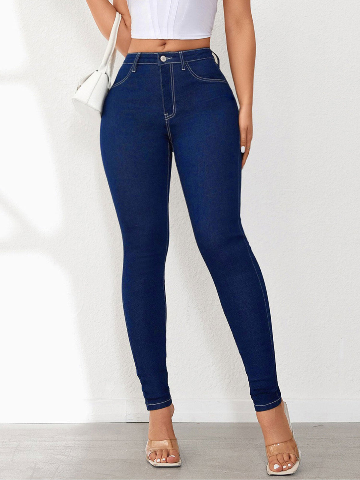 High Waist Solid Color Denim Slim Fit Skinny Jeans