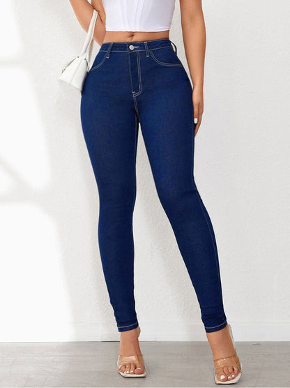 High Waist Solid Color Denim Slim Fit Skinny Jeans