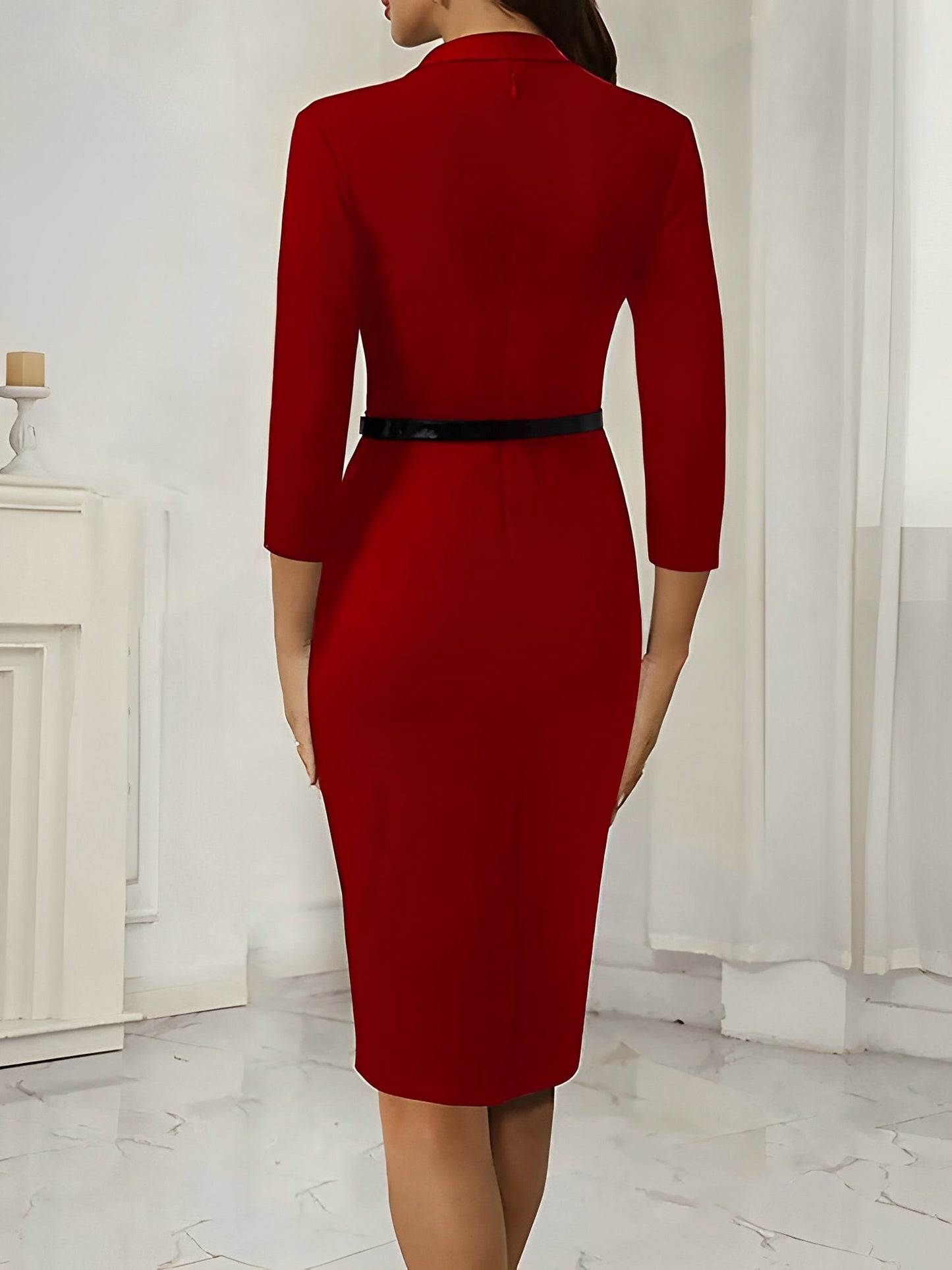 V Neck Solid Color Fake Two-Piece Belted Sheath Dress