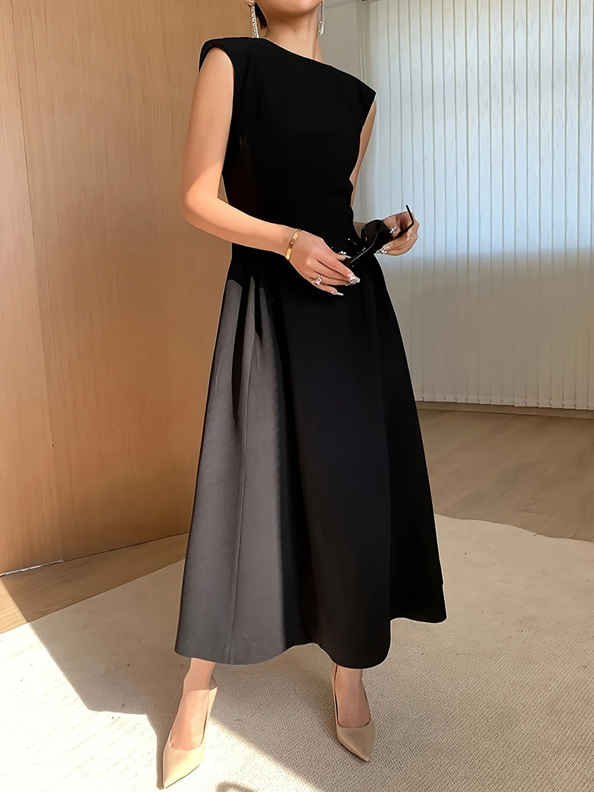 Boat Neck Cap Sleeves A-Line Midi Dress