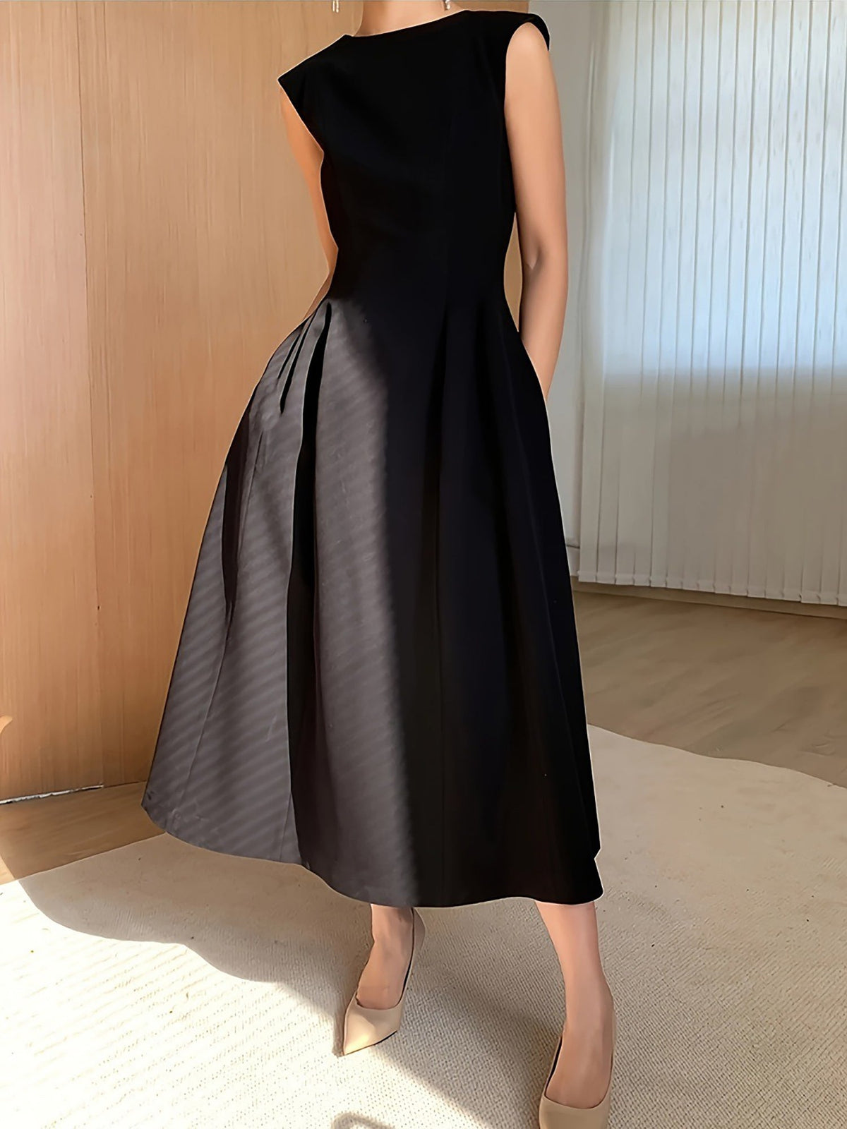Boat Neck Cap Sleeves A-Line Midi Dress