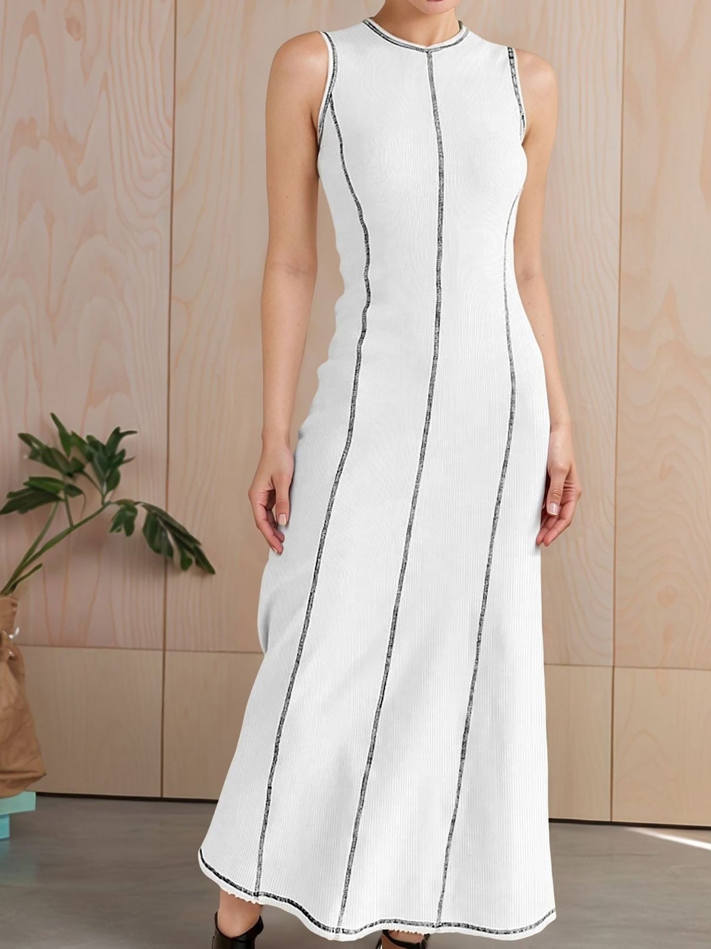 Colorblock Round Neck Sleeveless Maxi A-Line Dress