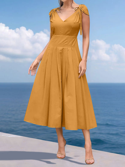 V Neck Ruched Lace-Up Cap Sleeves Pleated Midi A-Line Dress