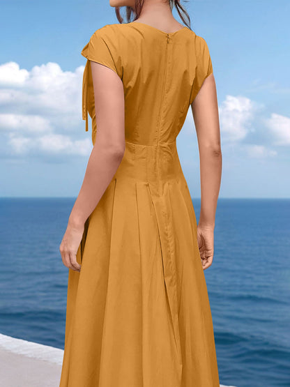V Neck Ruched Lace-Up Cap Sleeves Pleated Midi A-Line Dress