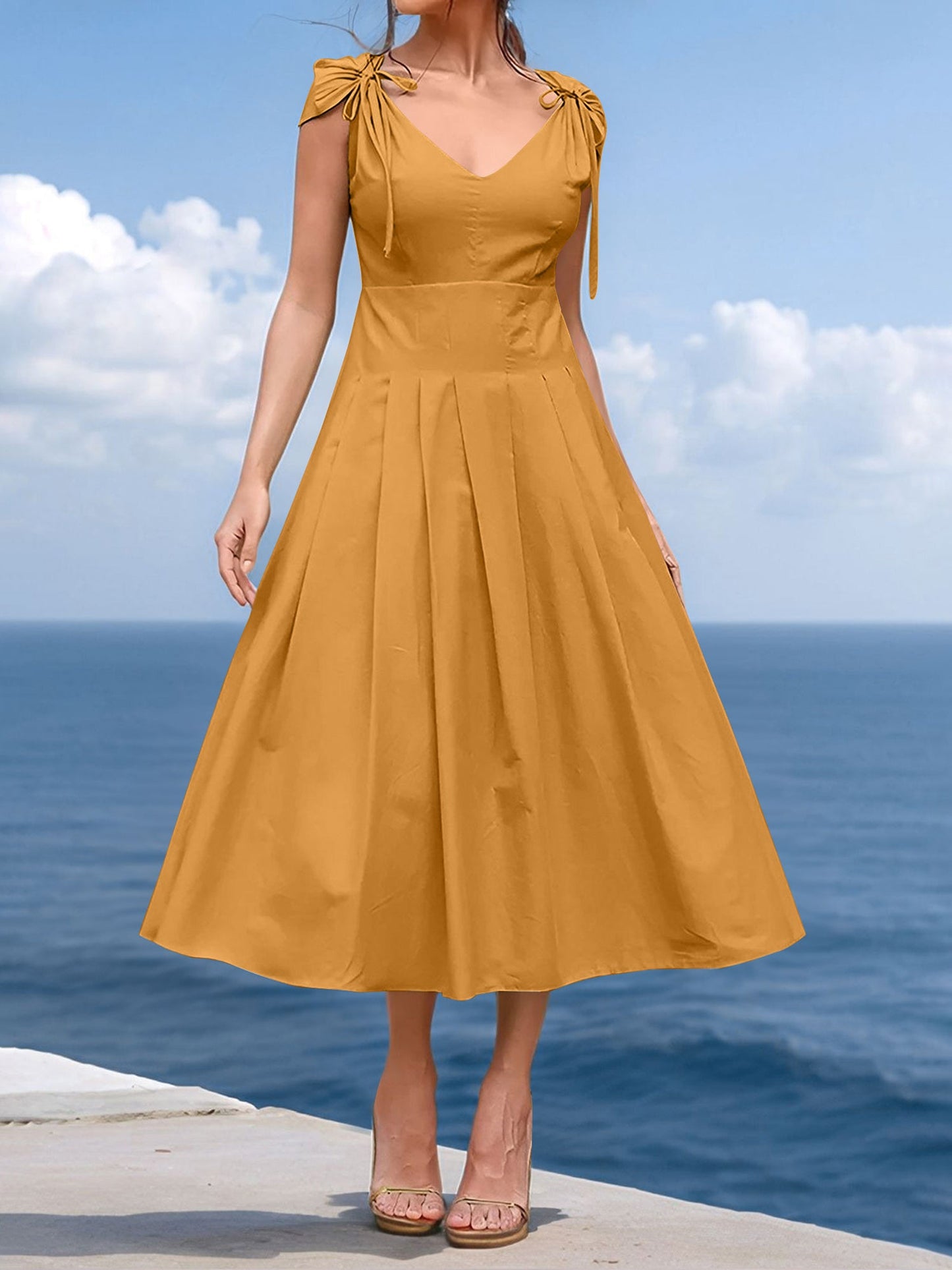 V Neck Ruched Lace-Up Cap Sleeves Pleated Midi A-Line Dress