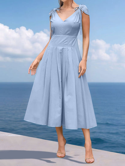 V Neck Ruched Lace-Up Cap Sleeves Pleated Midi A-Line Dress