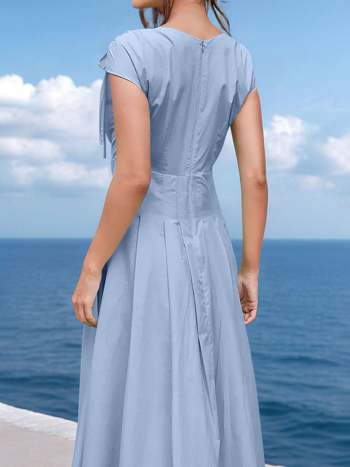 V Neck Ruched Lace-Up Cap Sleeves Pleated Midi A-Line Dress