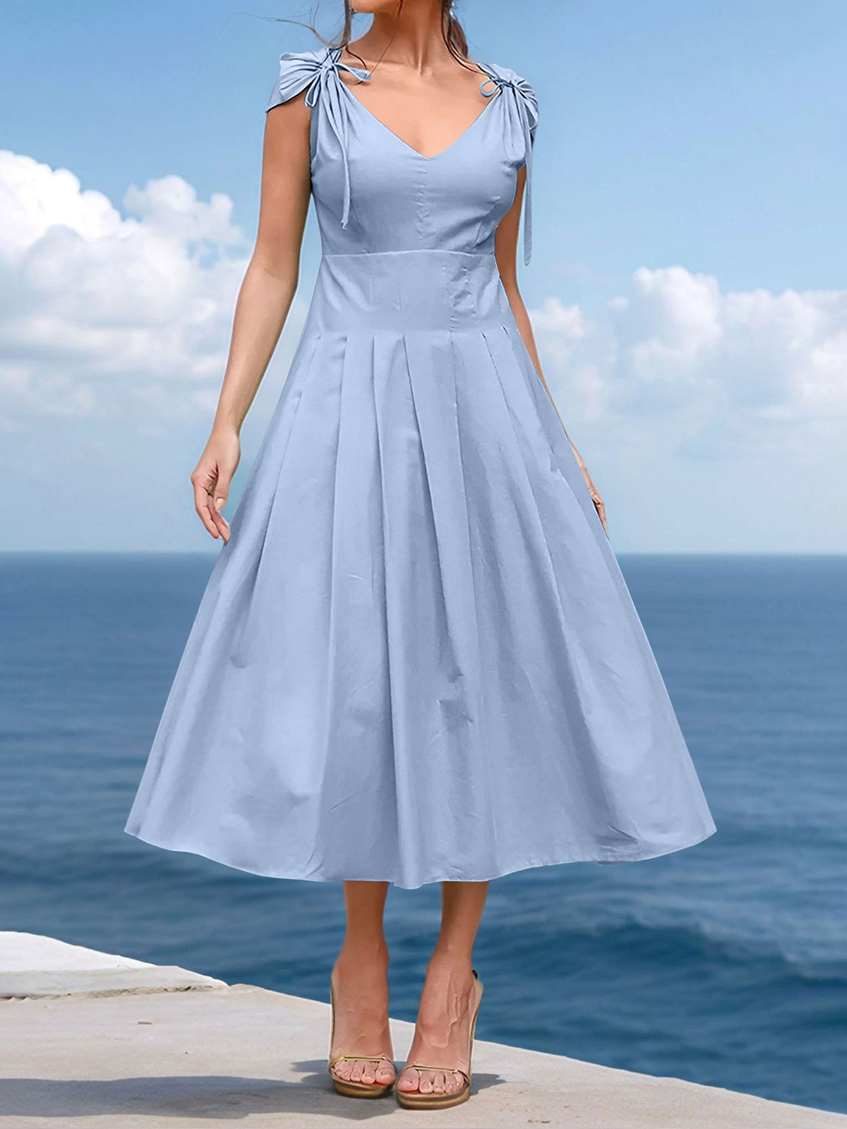 V Neck Ruched Lace-Up Cap Sleeves Pleated Midi A-Line Dress