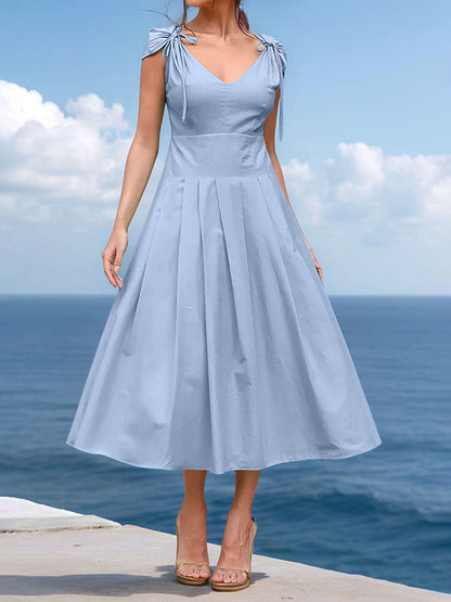 V Neck Ruched Lace-Up Cap Sleeves Pleated Midi A-Line Dress