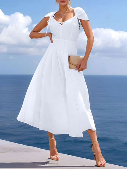 V Neck Ruched Lace-Up Cap Sleeves Pleated Midi A-Line Dress