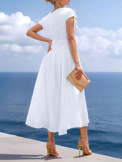 V Neck Ruched Lace-Up Cap Sleeves Pleated Midi A-Line Dress