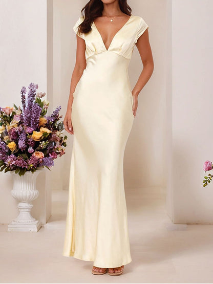 Satin V Neck Cap Sleeves Backless Maxi Dress