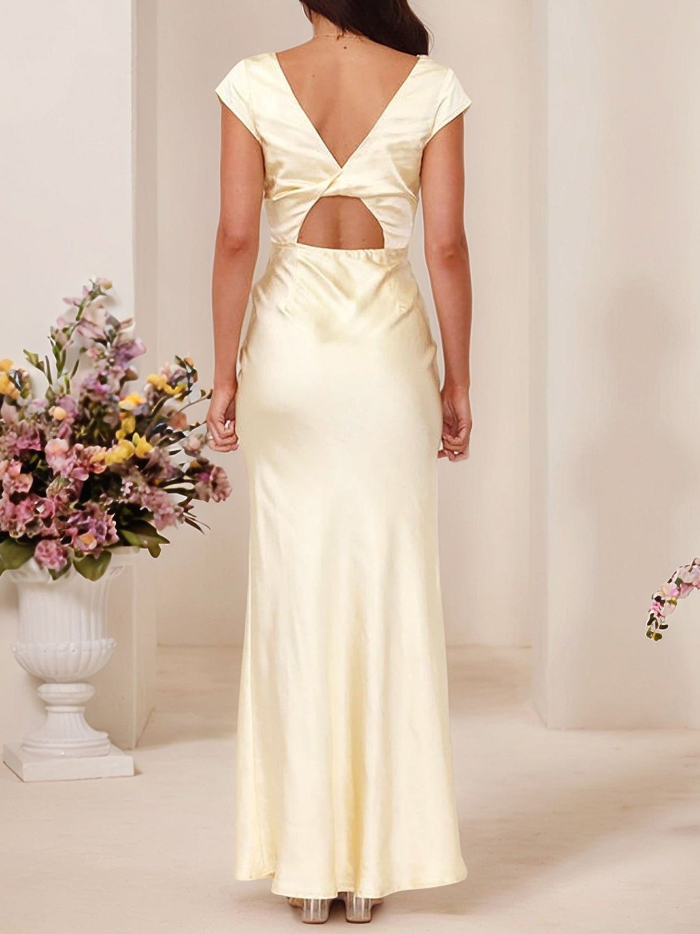 Satin V Neck Cap Sleeves Backless Maxi Dress