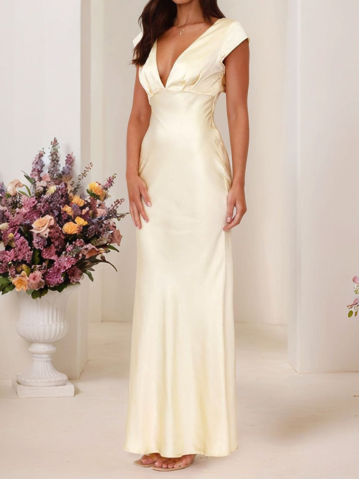 Satin V Neck Cap Sleeves Backless Maxi Dress