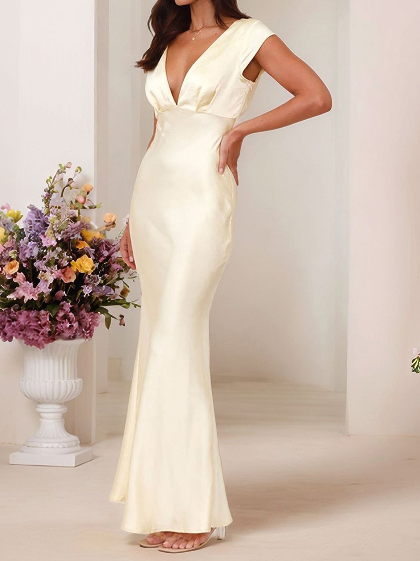 Satin V Neck Cap Sleeves Backless Maxi Dress