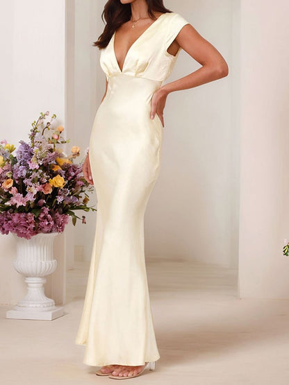 Satin V Neck Cap Sleeves Backless Maxi Dress