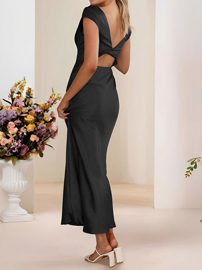 Satin V Neck Cap Sleeves Backless Maxi Dress