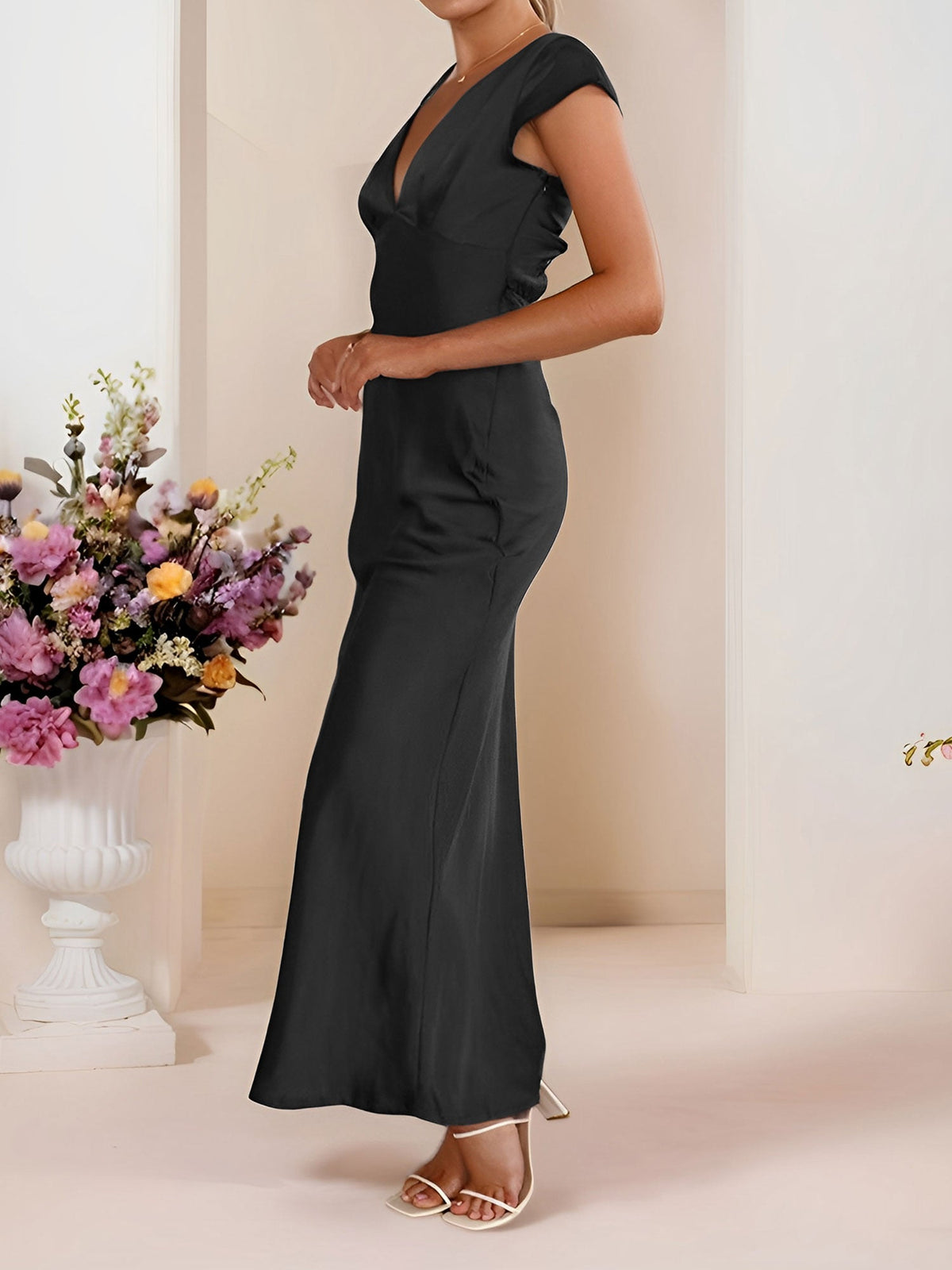 Satin V Neck Cap Sleeves Backless Maxi Dress
