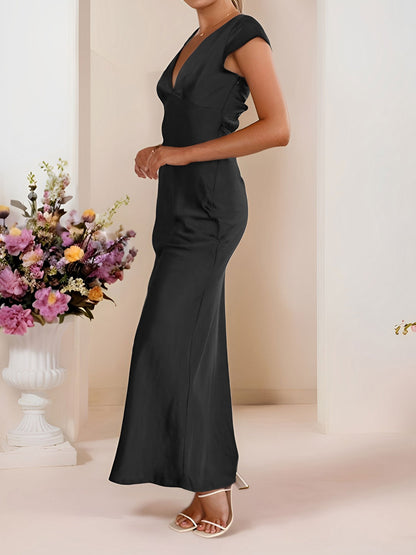 Satin V Neck Cap Sleeves Backless Maxi Dress