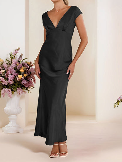 Satin V Neck Cap Sleeves Backless Maxi Dress