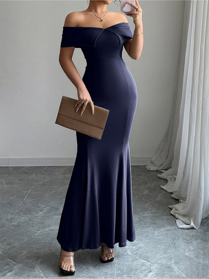 Solid Color Off Shoulder Bodycon Fishtail Maxi Dress