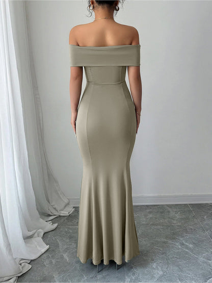 Solid Color Off Shoulder Bodycon Fishtail Maxi Dress