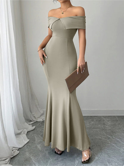 Solid Color Off Shoulder Bodycon Fishtail Maxi Dress